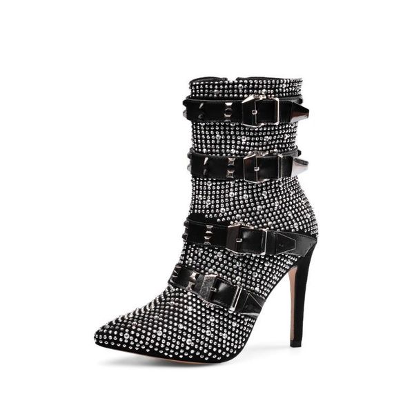 

epher rock chic crystal heel boots buckled leather boots sequin zipper ankle with decorative studs, Black