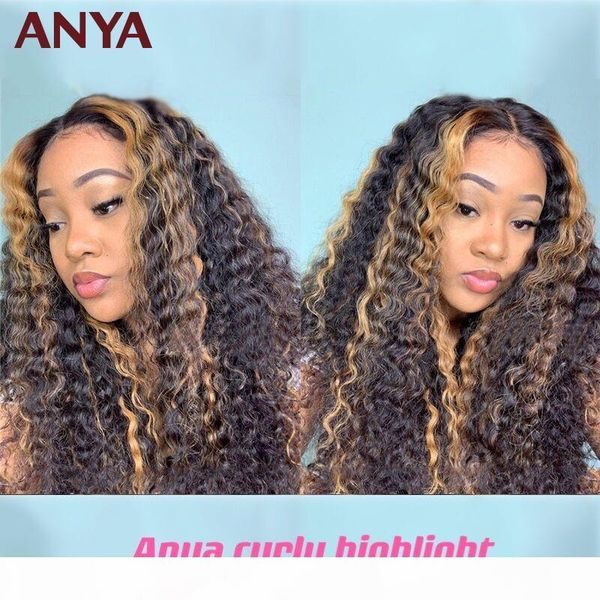 

anya curly 1b 27 highlight 13x4 transparent lace front pre plucked wig malasia virgin human hair wigs 30inch180% for black women, Black;brown