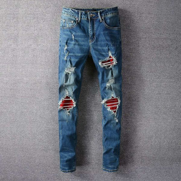 

classic fashion men jeans cool mens distressed ripped jeans fashion designer straight denim men jeans streetwear style denim pants, Blue