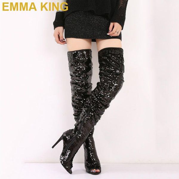 

boots fashion sequins peep toe women thigh high stiletto heels shoes glitter over the knee ladies party, Black