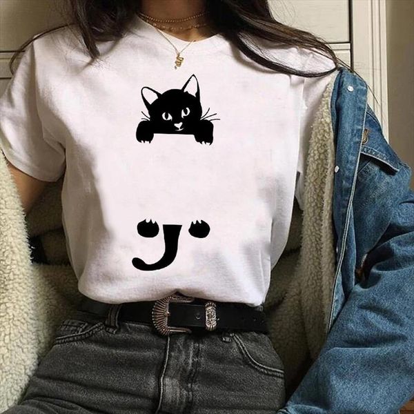 

women print graphic cat funny cartoon short sleeve animal casual printing clothes lady tees t shirt female womens t shirt, White