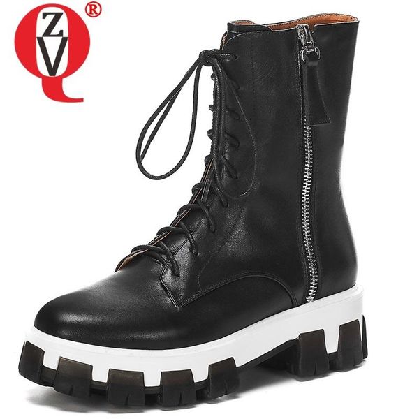

zvq autumn new fashion mid calf boots outside comfortable high heels platform zipper genuine leather women shoes drop shipping, Black