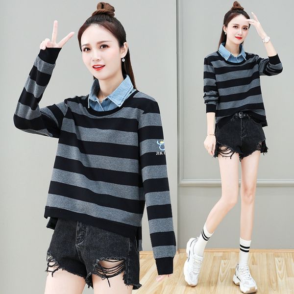 

s2058160 casual striped stitching sweater for women 2020 autumn new loose and sweater jacket comfortable denim lapel jacket qm2q7, Black