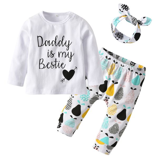 

3pcs daddy is my e newborn baby girls clothes set cotton long sleeve t-shirt +pants+headband autumn infant clothing outfits 1021, White