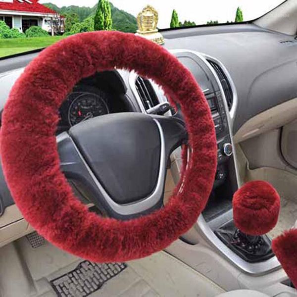 

3pcs/set winter wine red warm wool plush car steering wheel cover handbrake covers automotive interior decor1