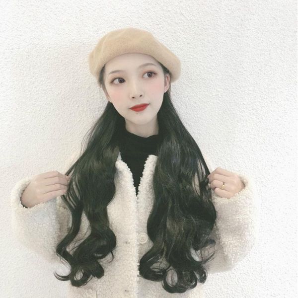 

fashion one-piece intergrated women's long loose body synthetic hair wig and wool berets one piece1, Blue;gray