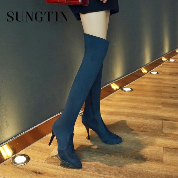 

sungtin new high heel slim thigh high boots women suede long riding boots plus size autumn ladies over the knee, Black