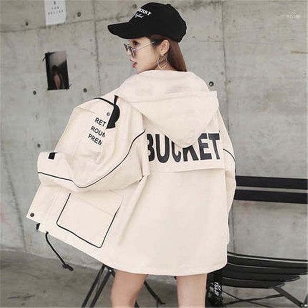 

2020 women letter printed bomber windbreaker big pocket hooded outerwear spring autumn large size loose casual trench coat x8381, Tan;black