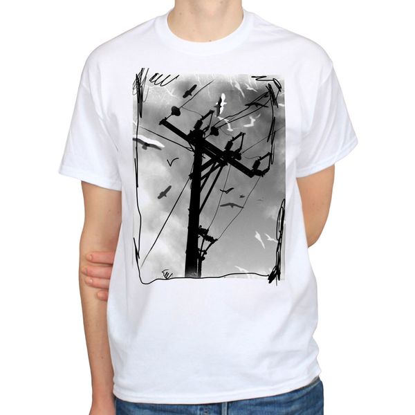 

telephone lines pole birds gothic crows western art mens white [t74] funny short sleeve cotton hoodie designers t shirts sweatshirt