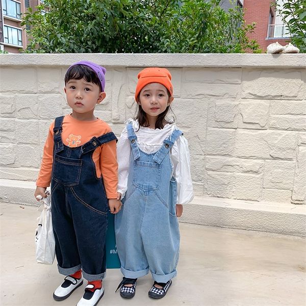 

korean style autumn boys girls oversized denim overalls kids very loose patchwork bib jeans 1-6y 201112, Blue