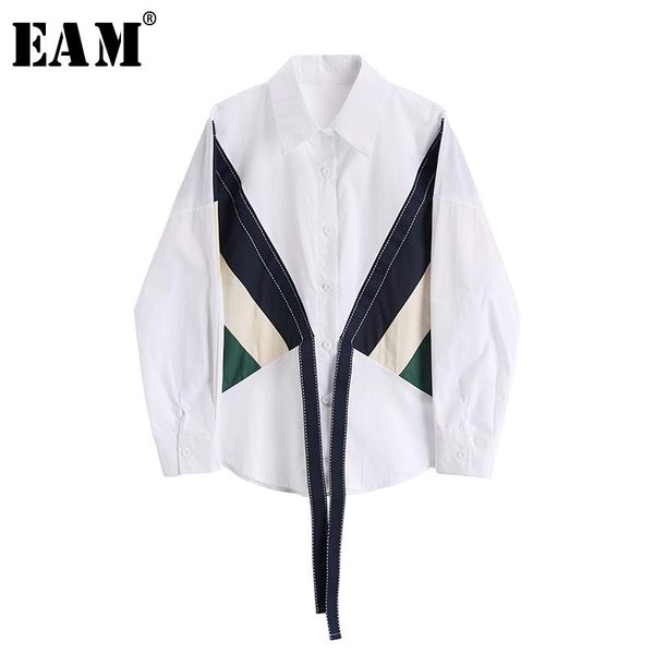 

eam] women white striped ribbon split big size blouse new lapel long sleeve loose fit shirt fashion spring autumn 2020 1y893