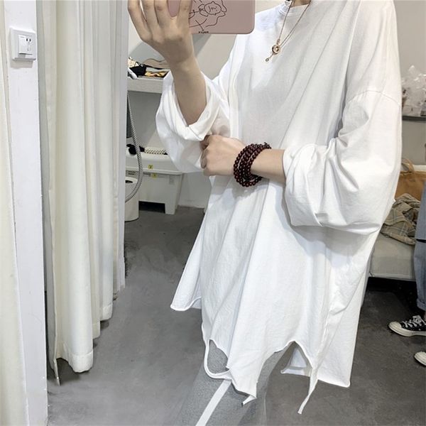 

autumn 2020 new white long sleeve t-shirt cotton t-shirtjacket cotton t-shirt women's korean version of broken hole loose medium length