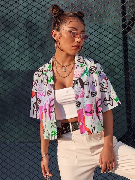 

drop shoulder graphic print blouse v7qg#, White