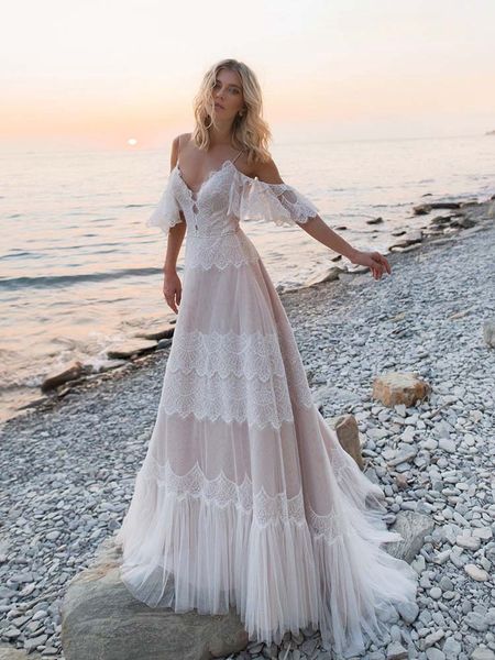 

beach wedding dresses lace off shoulder backless with spaghetti straps deep v-neck bridal gown robe de plage boho bohemian lorie romantic, White