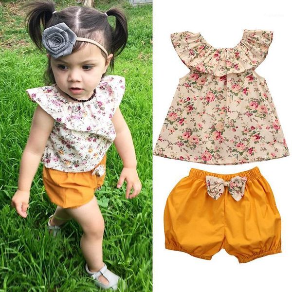 

new 2020 summer newborn toddler baby girl clothes sleeveless floral shorts infant 2 pcs/suit baby girls clothing set1, Blue