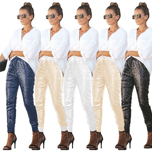 

women long pencil pants fashion sequin elastic pu leather patchwork high waist drawstring party club trousers lady outfits y200418, Black;white