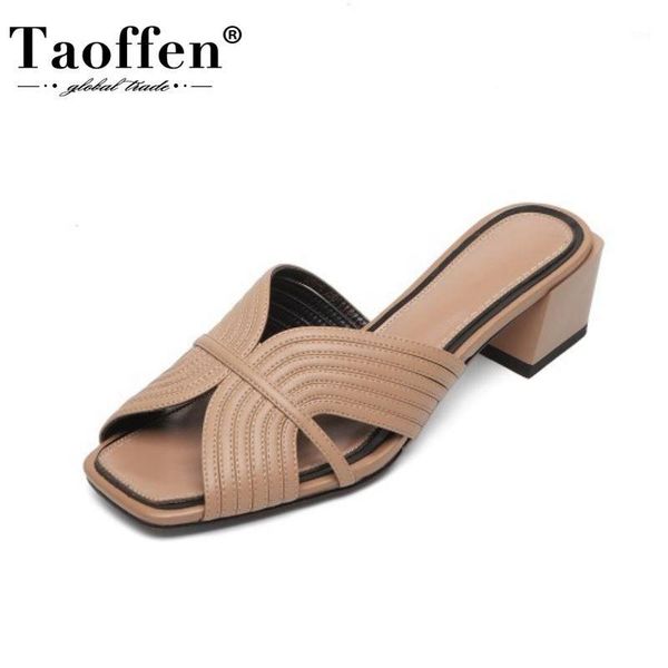 

dress shoes taoffen women sandals fashion peep toe square heels solid color slippers genuine leather footwear size 33-401, Black