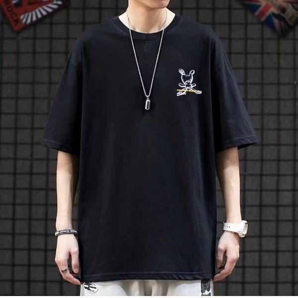 

hip hop cartoon short sleeve men's fashion street crew neck loose casual versatile 5-sleeve t-shirt, White;black