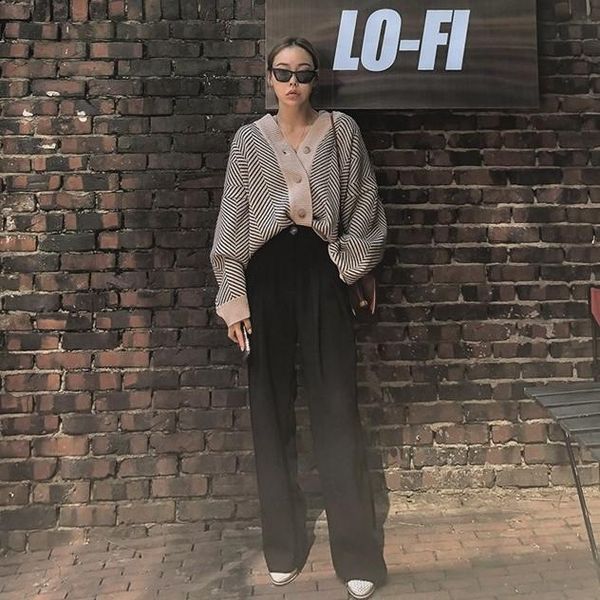 

women's knits & tees oversize sweaters autumn winter sweater vintage buttons o neck cardigans single breasted puff sleeve loose cardiga, White