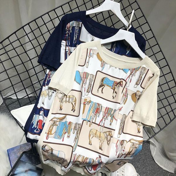 

2021 summer short sleeve print t shirts women european print knitted t shirts lady casual loose short sleeve knitted, White