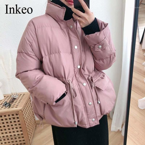 

women's sweet pink parkas outwear 2021 new winter pockets high collar cotton jacket thick warm loose coat casual inkeo 9o0381, Black