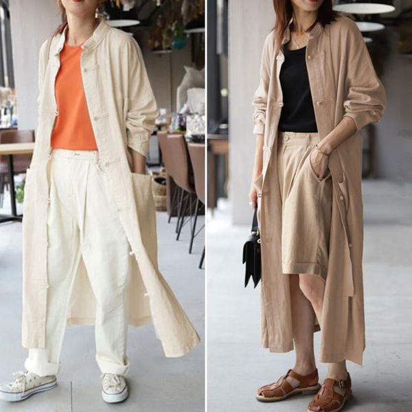 

zanzea women's chinese style blouse kaftan button long casual long sleeve blusas female solid split shirts plus size tunic, White