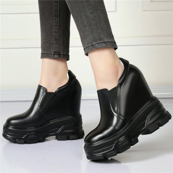 

boots punk goth pumps shoes women genuine leather platform wedges high heel ankle female round toe fashion sneakers casual, Black