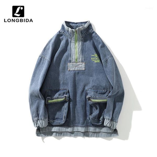 

turtleneck pullover retro denim jacket men women hip hop loose harajuku big pocket men jeans jackets1, Black;brown