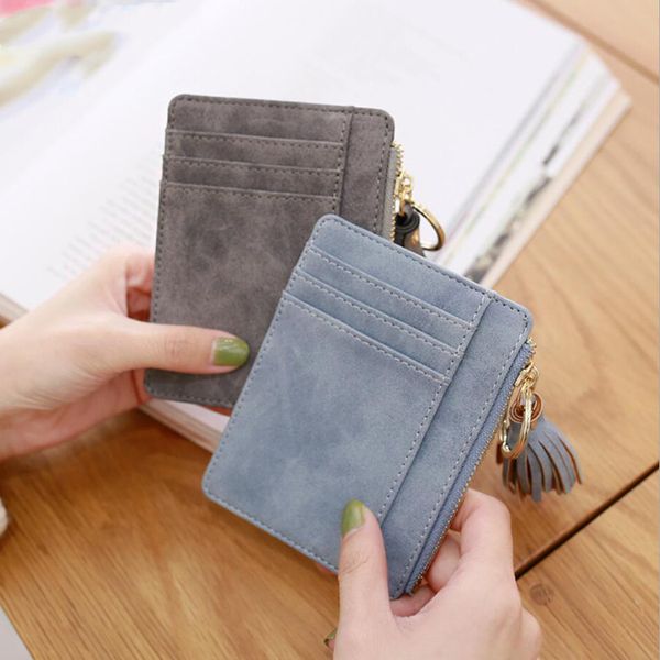

women's wallet credit card holder mini leather purse cards case wallet for credit id bank card holder tassels zipper coin purses, Brown;gray