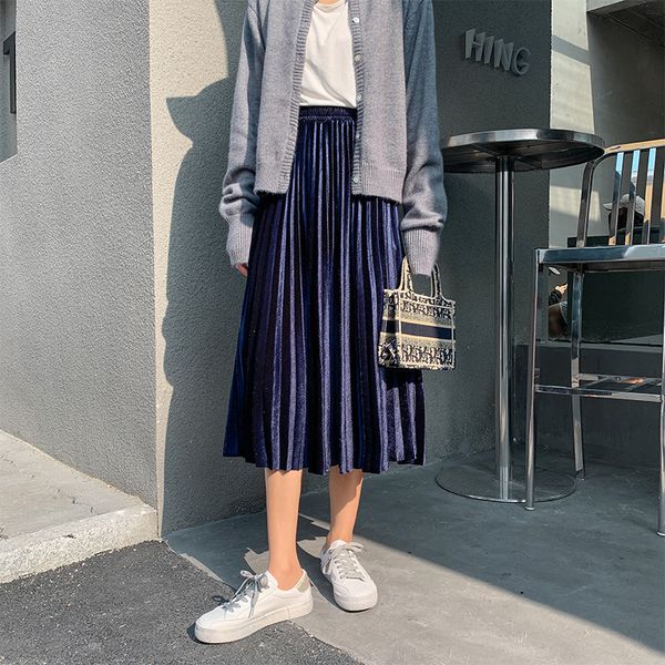 

2021 new autumn winter skirt of velvet thin balance skirts plied metal to line high waist medium length irlb, Black