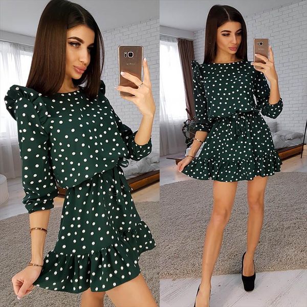 

ruffle trim sashes women summer dress round neck dot print casual dress girls sweet cute a line dresses, Black;gray
