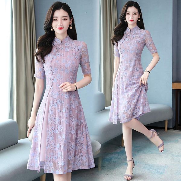 

2021 spring summer purple lace chinese style midi dress 3xl plus size vintage runway dresses elegant women bodycon party vestido, Black;gray