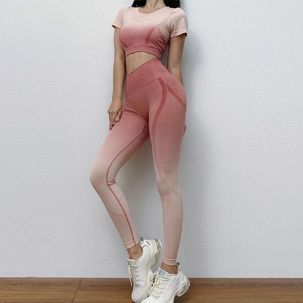 

yoga outfits binand sports suit women seamless set hollow gradient fitness leggings gym sportswear slim clothing, White;red