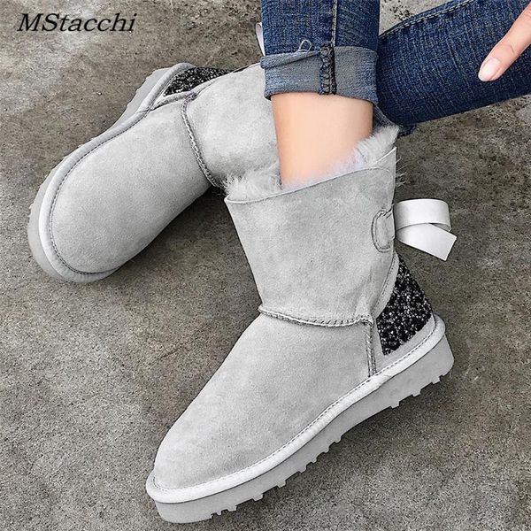 

mstacchi sweet snow boots women's winter boot fur bowknot glitter shoes woman bling crystal sapatos non-slip footwear s150, Black
