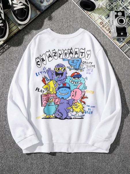 

men letter & cartoon graphic pullover 79fi#, Black