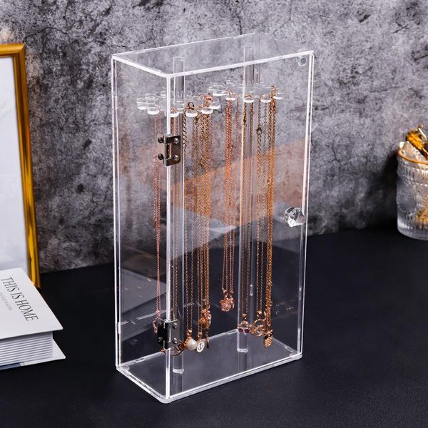 

clear acrylic 24 hooks rotating necklace stand display necklace pendants holder case dust-proof jewelry display storage box, Pink;blue