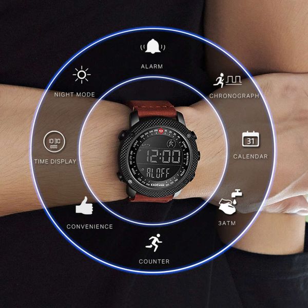 

watch kademan brand luxury men led digital display sport mens watches waterproof military fashion male leather wristwatch, Slivery;brown