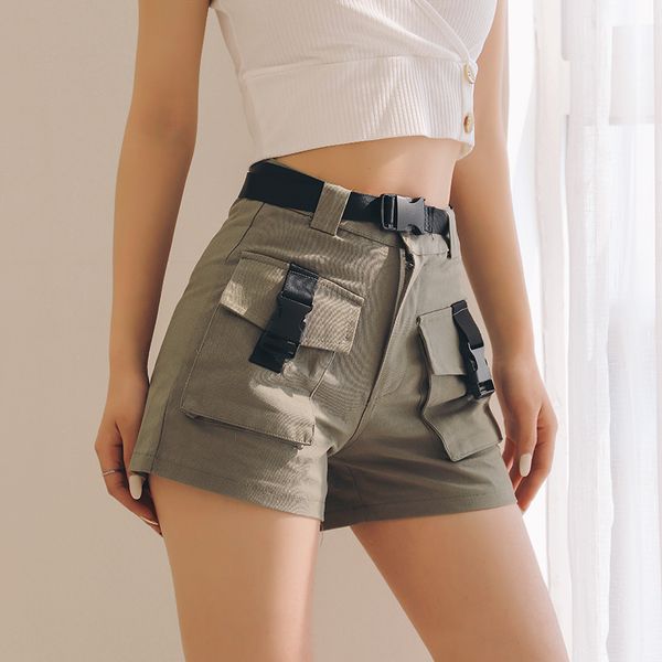 

women pockets front cargo shorts with belt, Black