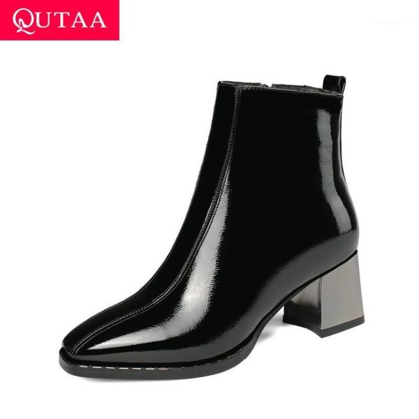 

boots qutaa 2021 pu patent leather ankle autumn winter square toe zipper women shoes high heel short big size 34-431, Black