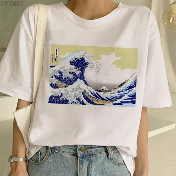 

ocean great wave print t-shirt women harajuku aesthetic t shirt japanese style fashion oversized female tshirt summer tee, White