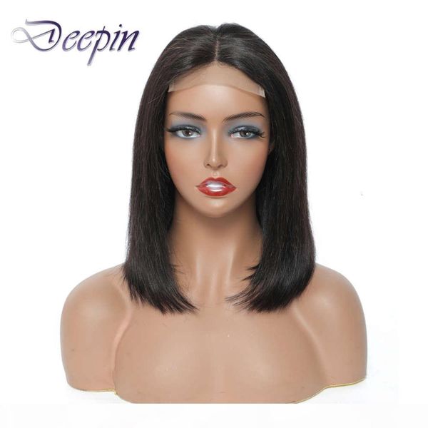 

deepin short straight bob 4x4 lace closure natural color brazilian non-remy human hair wigs for black women, Black;brown