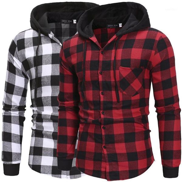 

2020men's shirts autumn fashion casual plaid shirts long sleeve cotton pullover hooded shirt winter mens blouse1, White;black