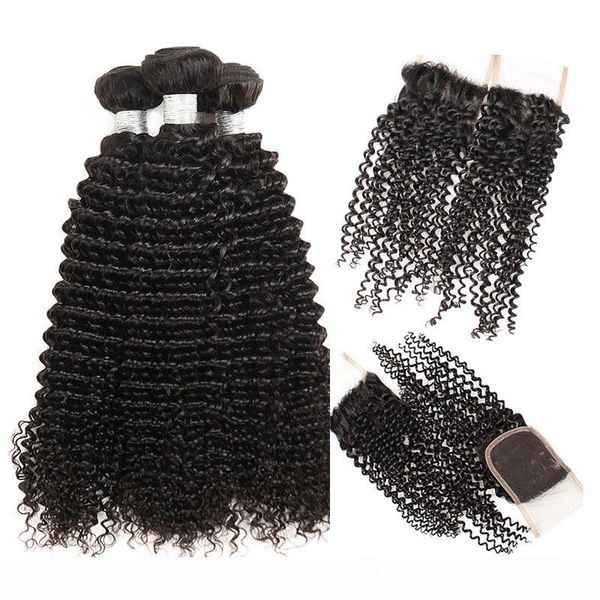 

brazilian kinky curly virgin hair weave with closure middle 3 part double weft human hair extensions dyeable human hair weave, Black