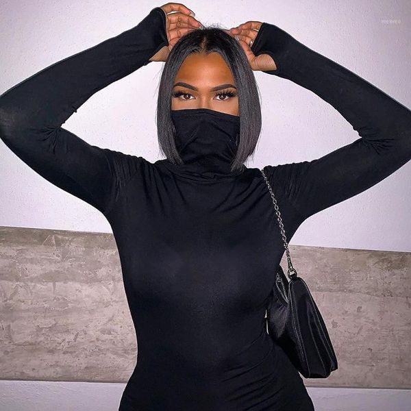 

2020 autumn fashion women dress with face mask long sleeve solid slim high neck mini bodycon street dresses short vestidos1, Black;gray