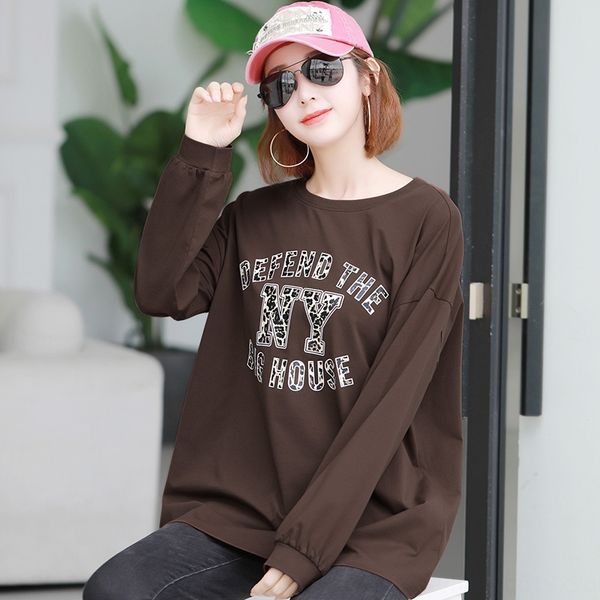 

2020 корейская версия пальто верхней части чистого хлопка длинный рукав футболки женщин осень износа новый студент вокруг шеи большой свобод, White