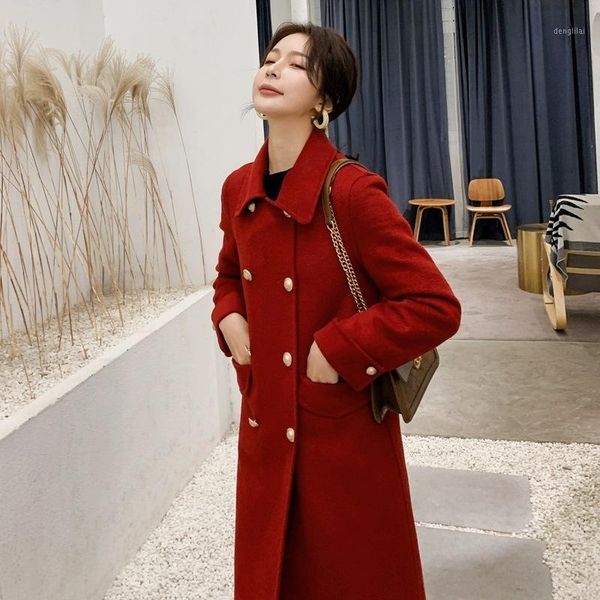 

double-sided cashmere coat female new winter long in 2020 han edition red woolen cloth leisure cloth coat1, Black