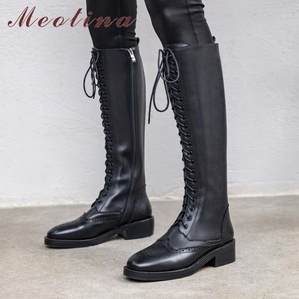 

boots meotina autumn knee high women natural genuine leather block heel long zip round toe brogue shoes lady winter 34-391, Black