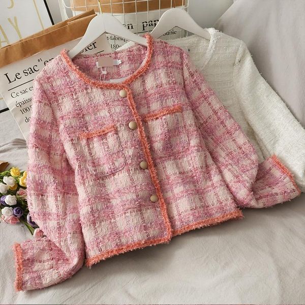 

retro tweed temperament plaid short pink round neck breasted jacket women 1012, Black;brown