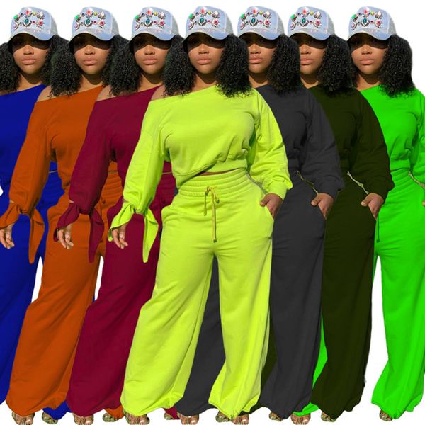 

s-3xl женщины tracksuit осень зима обдирают с длинным рукавом сучки outfit solid color off shoulder tops толстовка слаксы брюки костюм e9290, White
