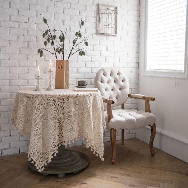 

table cloth beige linen cotton cover rectangular lace edge crochet craft tablecloth home wedding party decor ag002#4